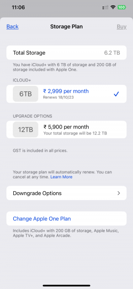 icloud 6tb priced at 2999 rs in India